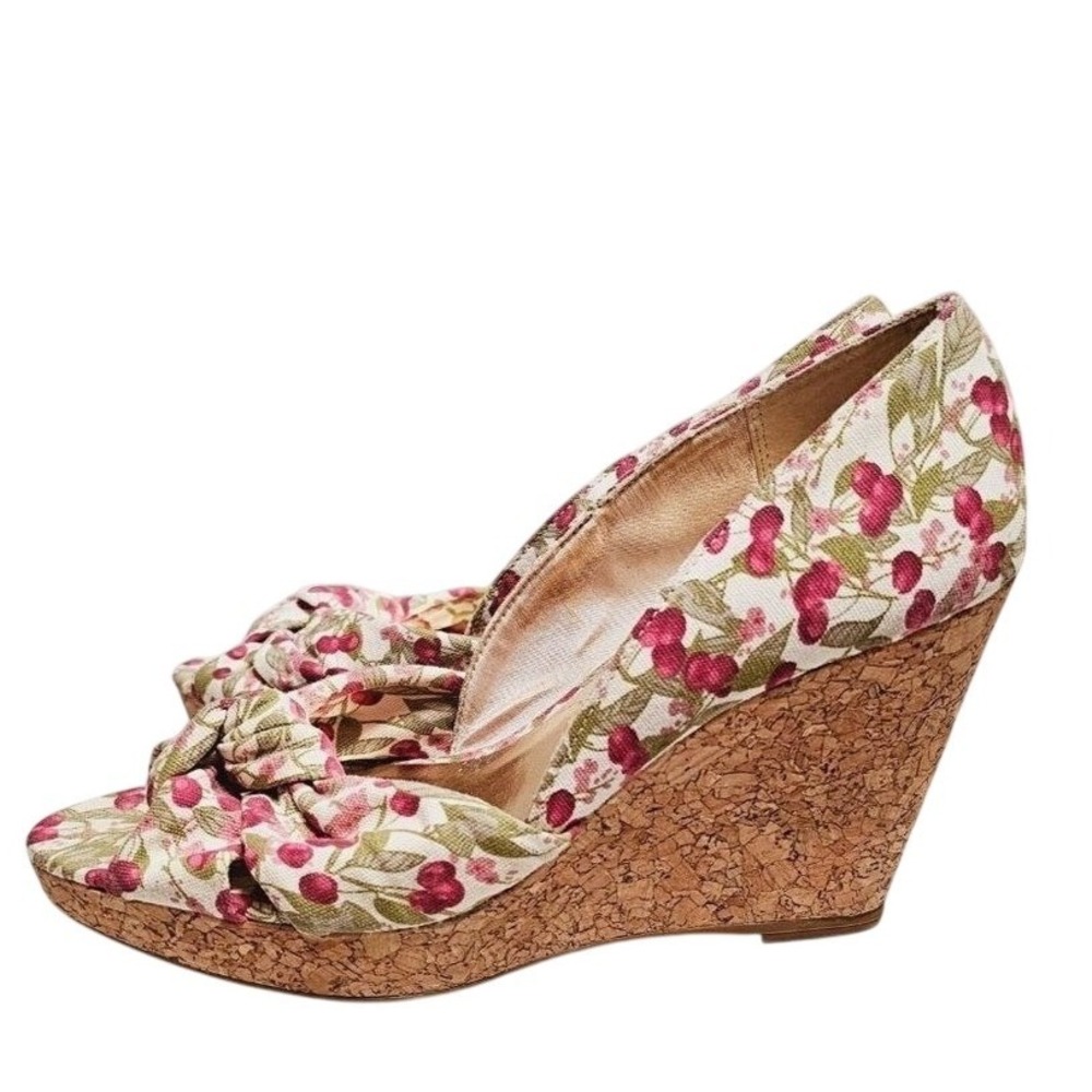 H&M Cork Cherry Print Canvas Wedge Heels‎ Size 8 Knot Top Rockabilly